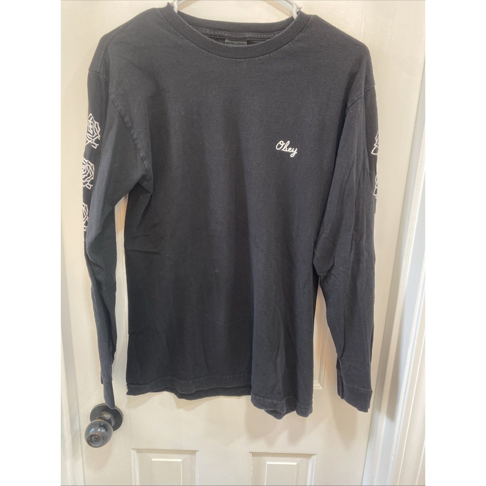 Obey Long Black T-shirt With Rose Sleeves Size Small